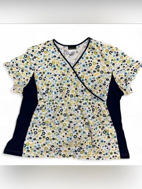 Cherokee Floral Wrap Scrub Top in White, Navy, Blue, and Yellow